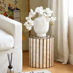 Mother of Pearl Artisanal Drum Side Table With Radiant Inlay