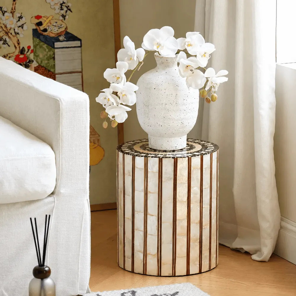Mother of Pearl Artisanal Drum Side Table With Radiant Inlay