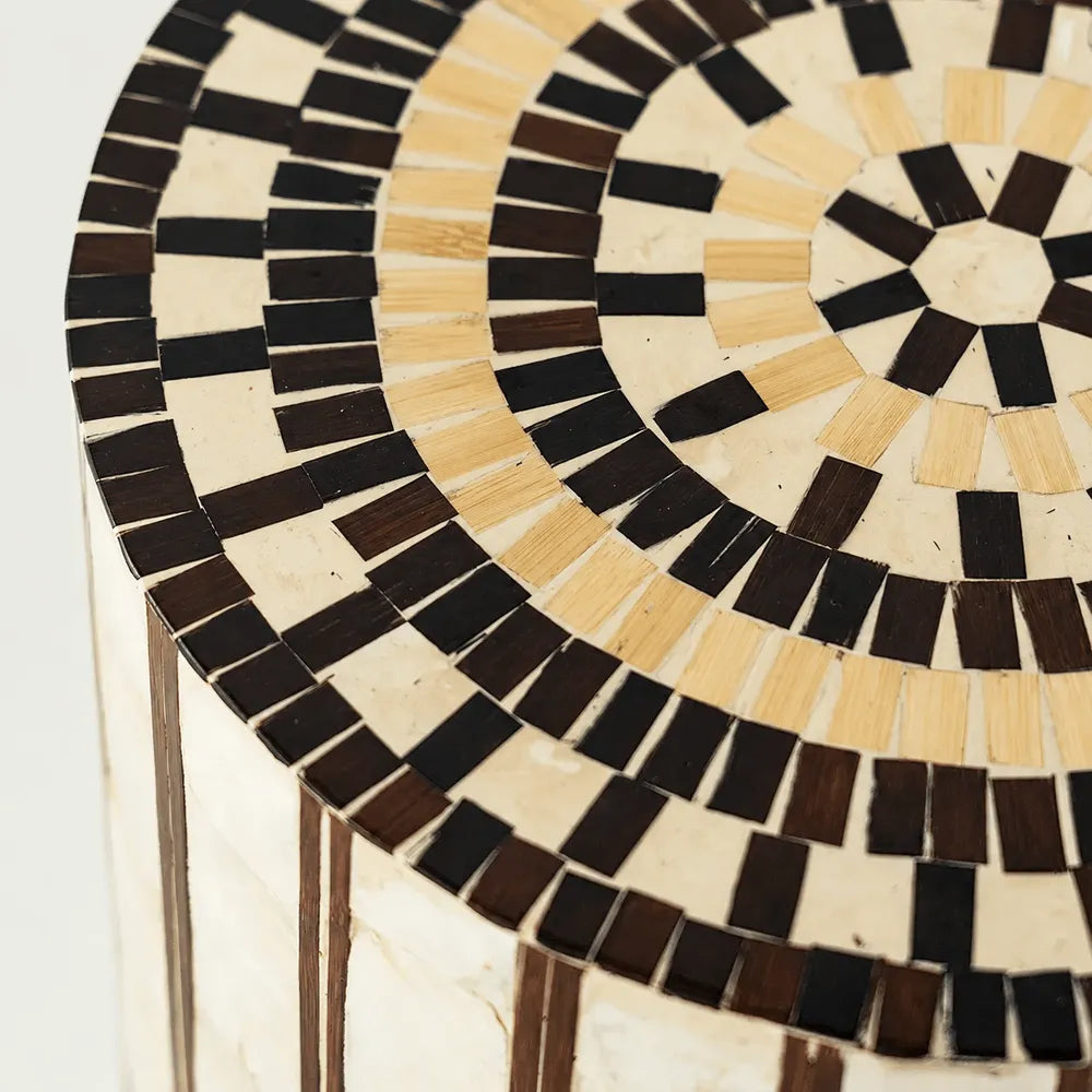 Mother of Pearl Artisanal Drum Side Table With Radiant Inlay