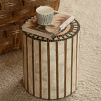 Mother of Pearl Artisanal Drum Side Table With Radiant Inlay