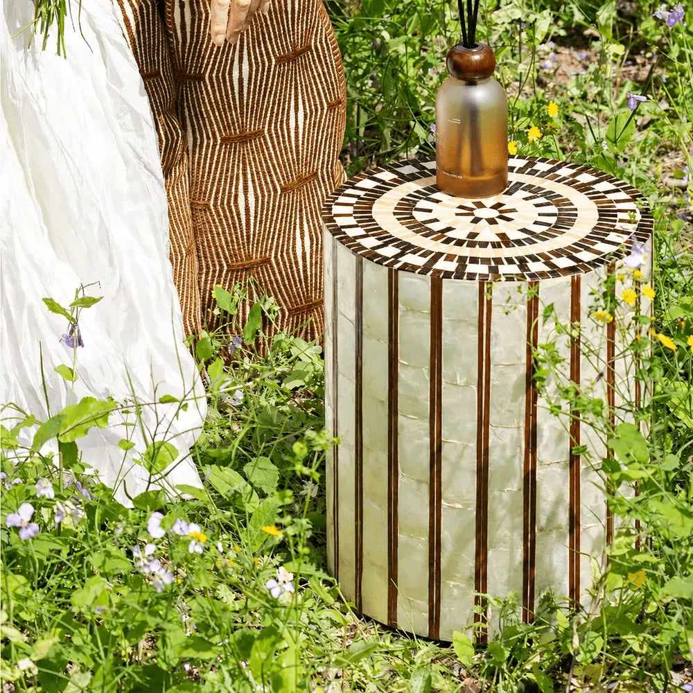 Mother of Pearl Artisanal Drum Side Table With Radiant Inlay