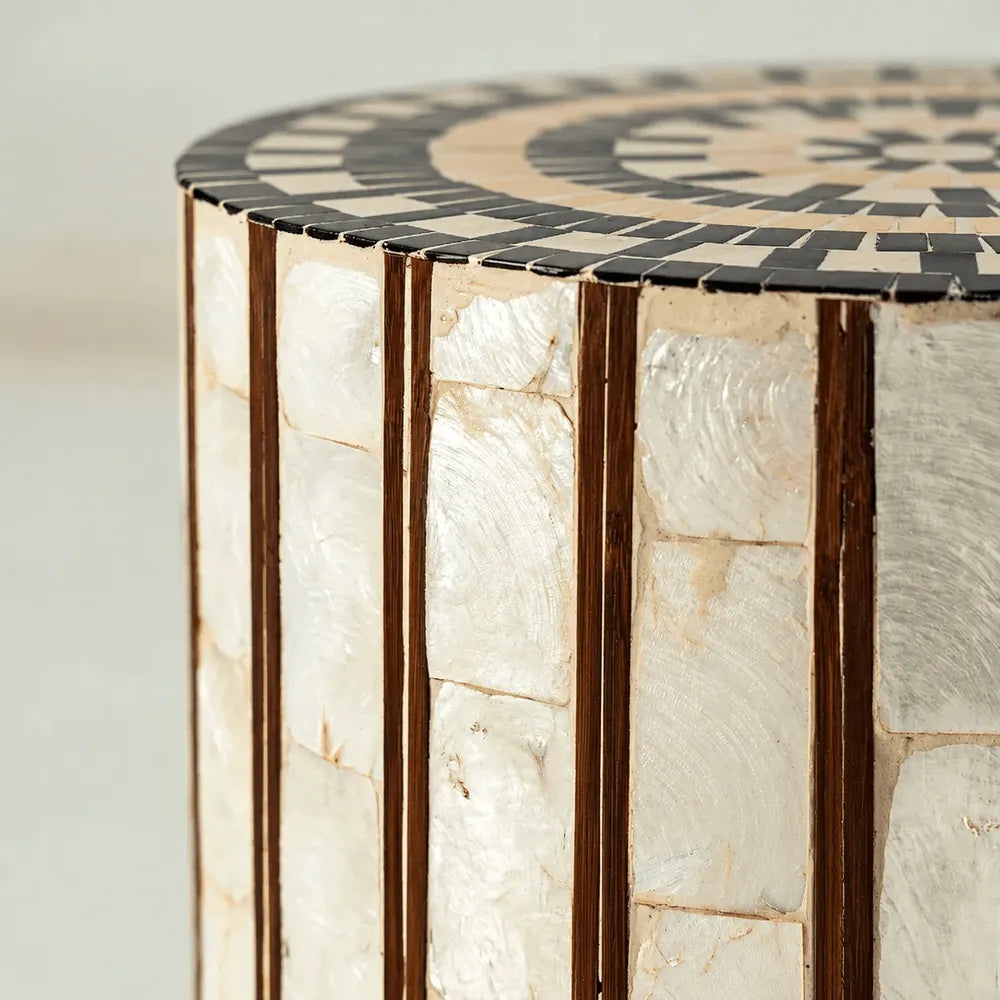 Mother of Pearl Artisanal Drum Side Table With Radiant Inlay