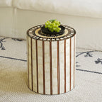 Mother of Pearl Artisanal Drum Side Table With Radiant Inlay