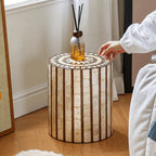 Mother of Pearl Artisanal Drum Side Table With Radiant Inlay