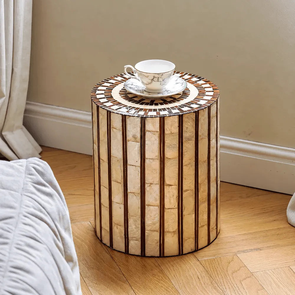 Mother of Pearl Artisanal Drum Side Table With Radiant Inlay