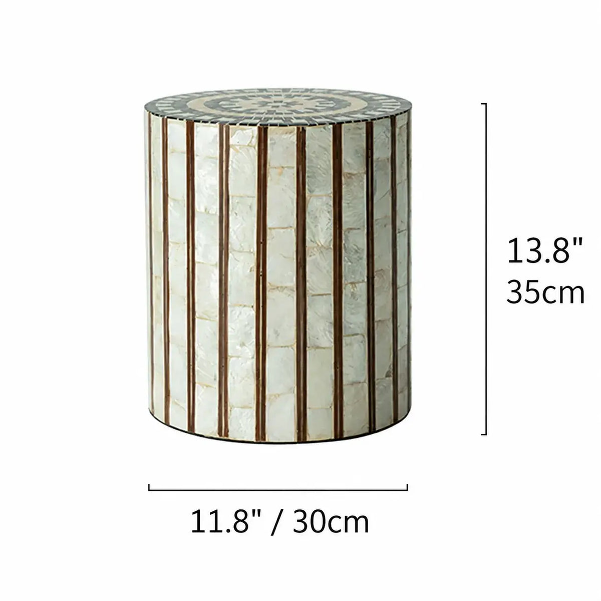Mother of Pearl Artisanal Drum Side Table With Radiant Inlay Dimensions