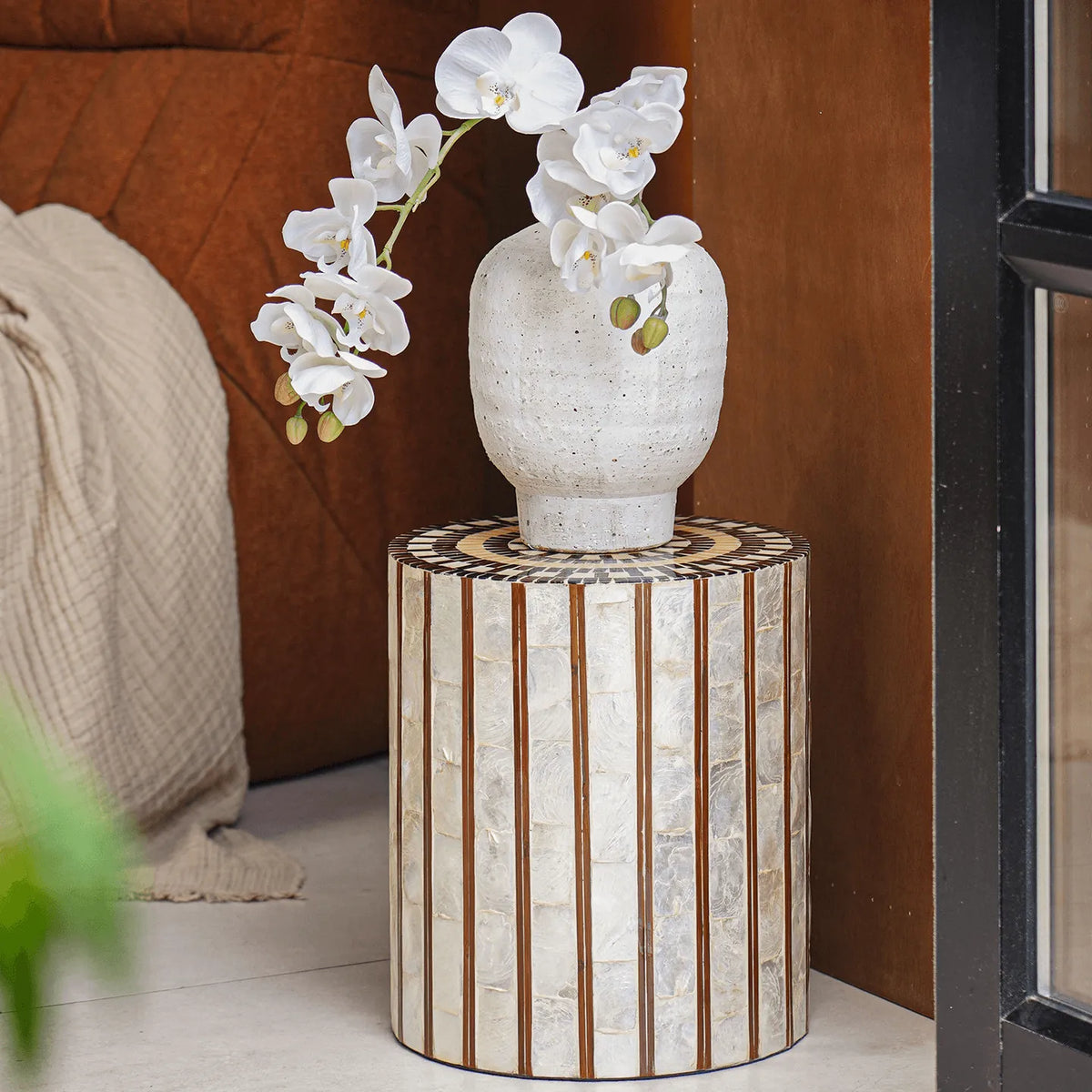 Mother of Pearl Artisanal Drum Side Table With Radiant Inlay Main Product Image