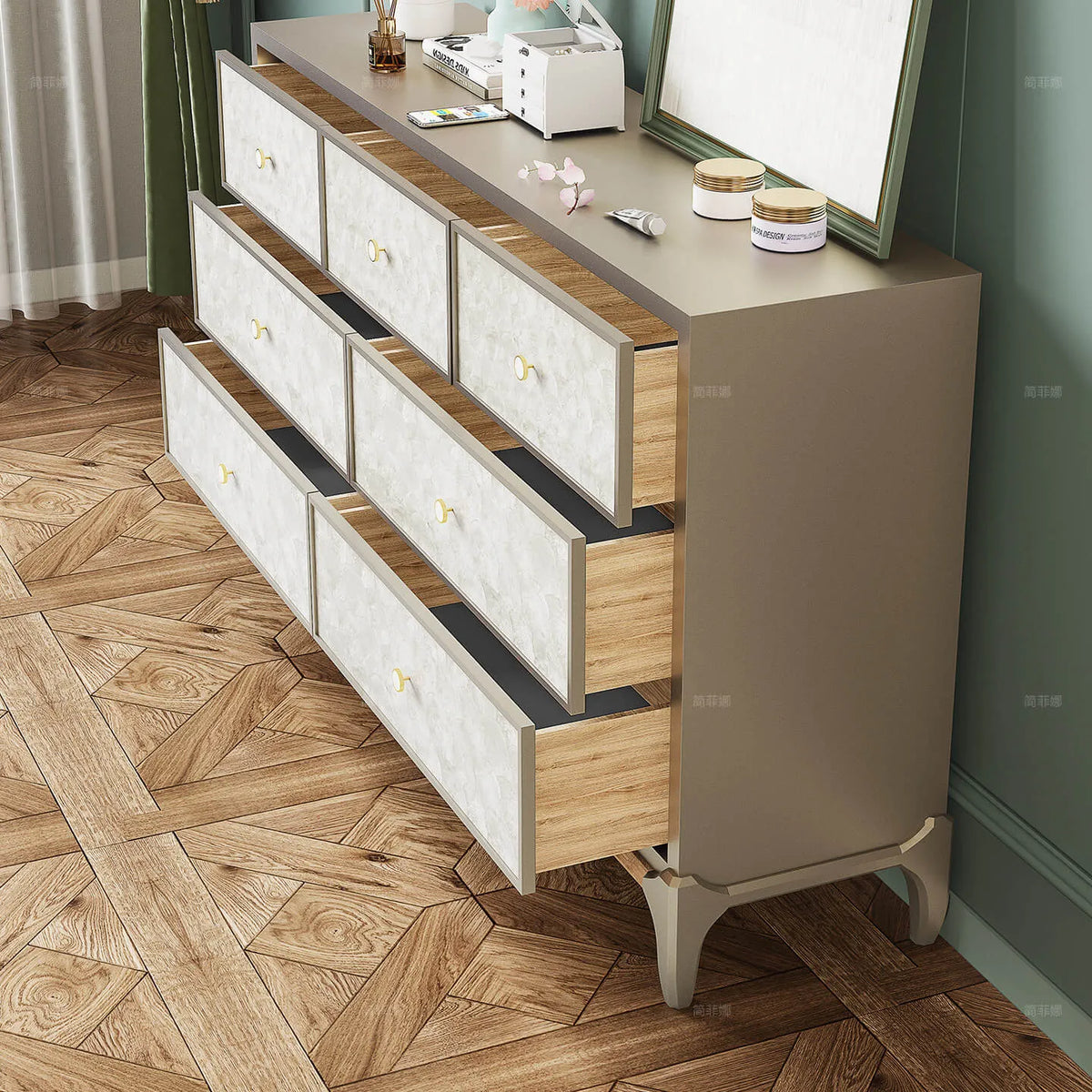 Mother of Pearl Beech Wood Chest, 7-Drawer Warm Gray Storage