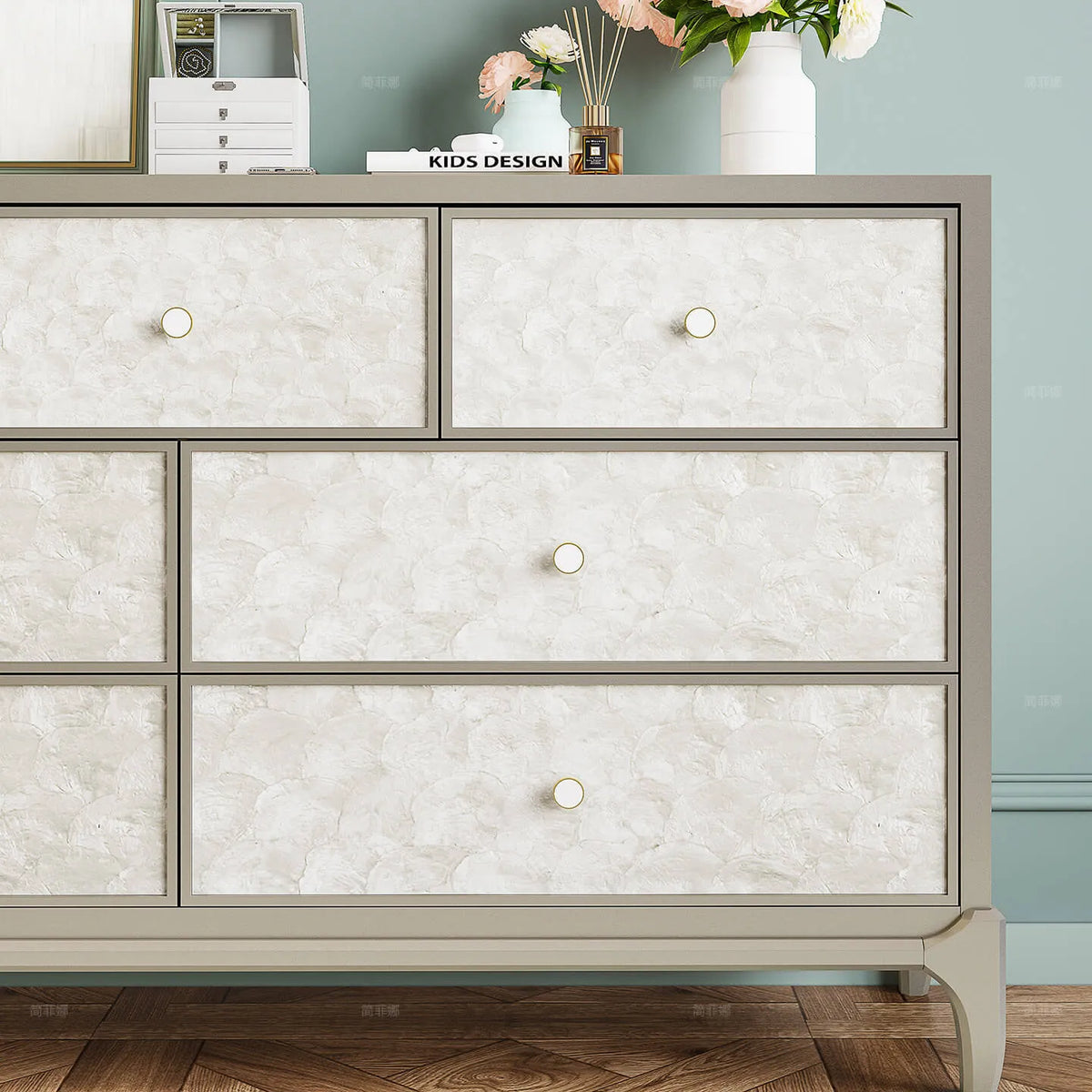 Mother of Pearl Beech Wood Chest, 7-Drawer Warm Gray Storage