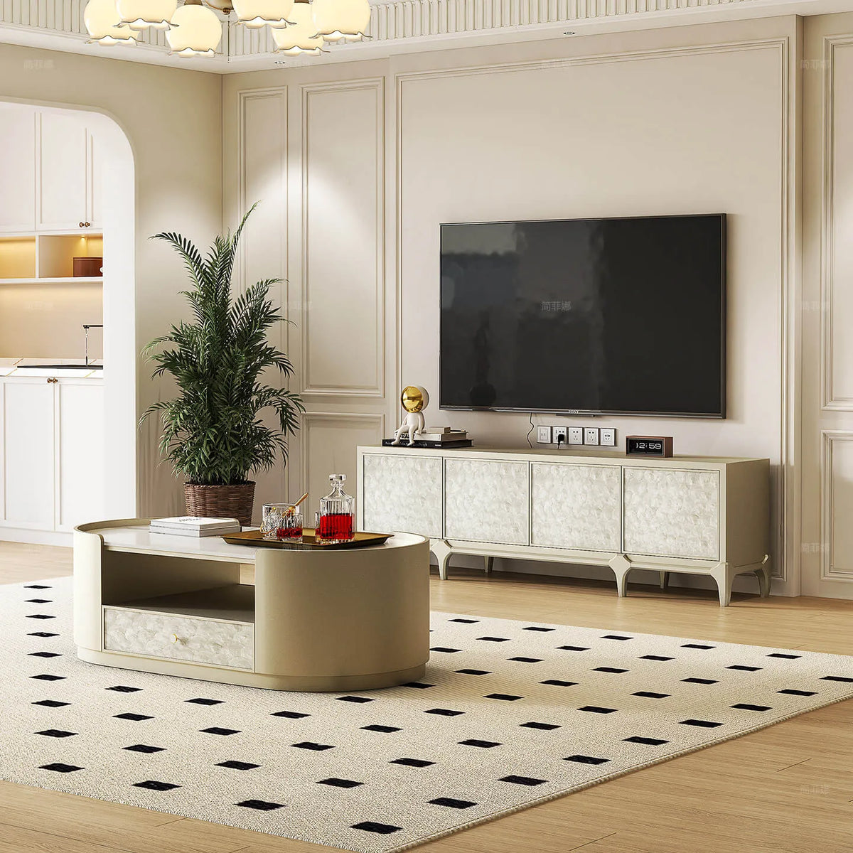 Mother of Pearl Beech Wood TV Console with French Lines and Mixed Storage