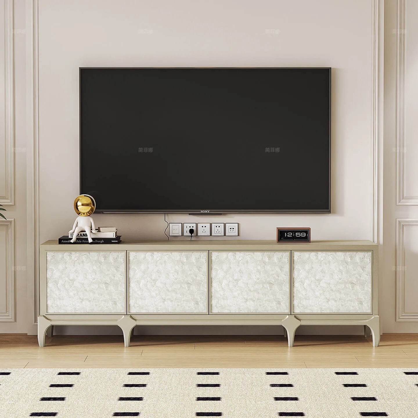 Meuble TV en bois de hêtre et nacre avec lignes françaises et rangement mixte Image secondaire du produit