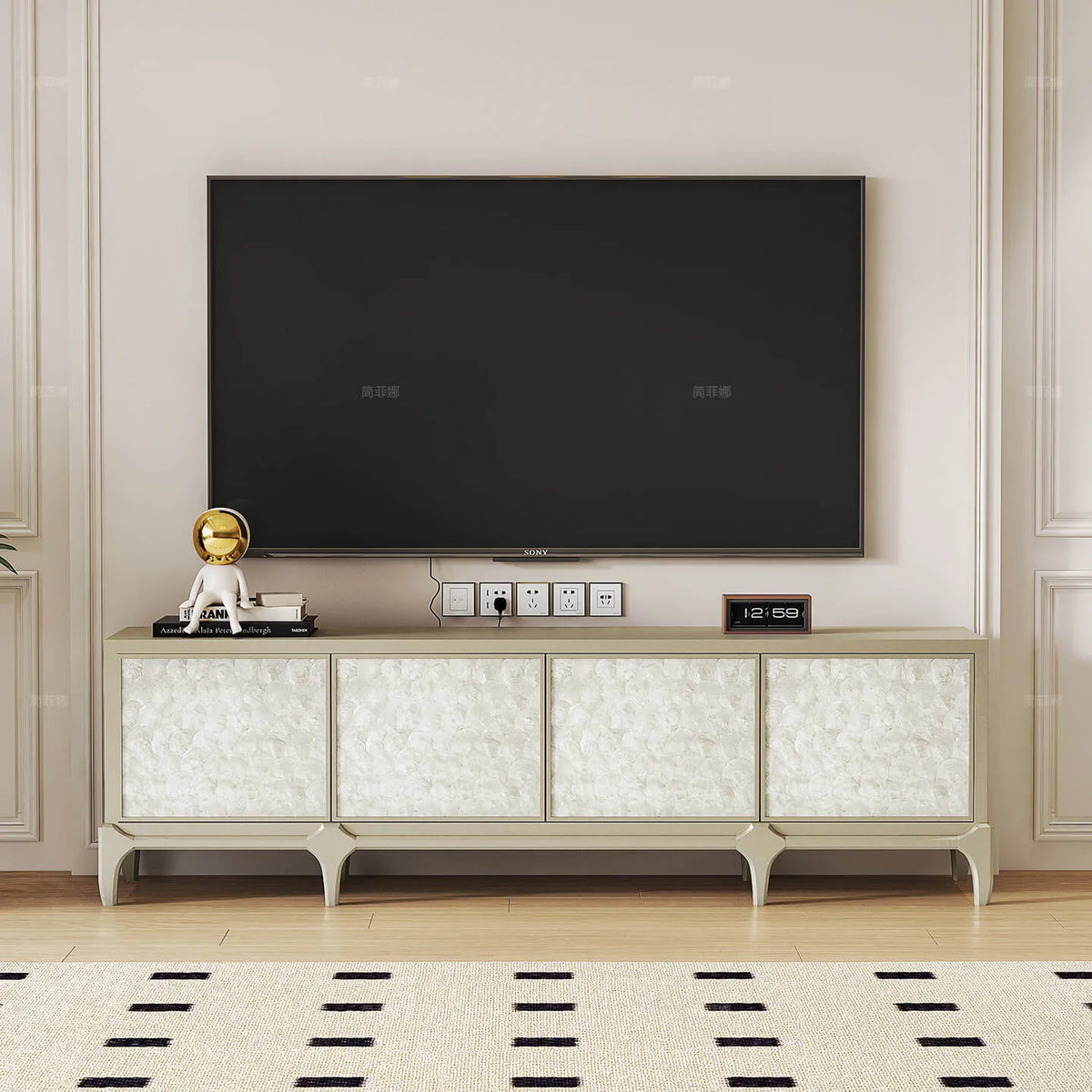 Mother of Pearl Beech Wood TV Console with French Lines and Mixed Storage