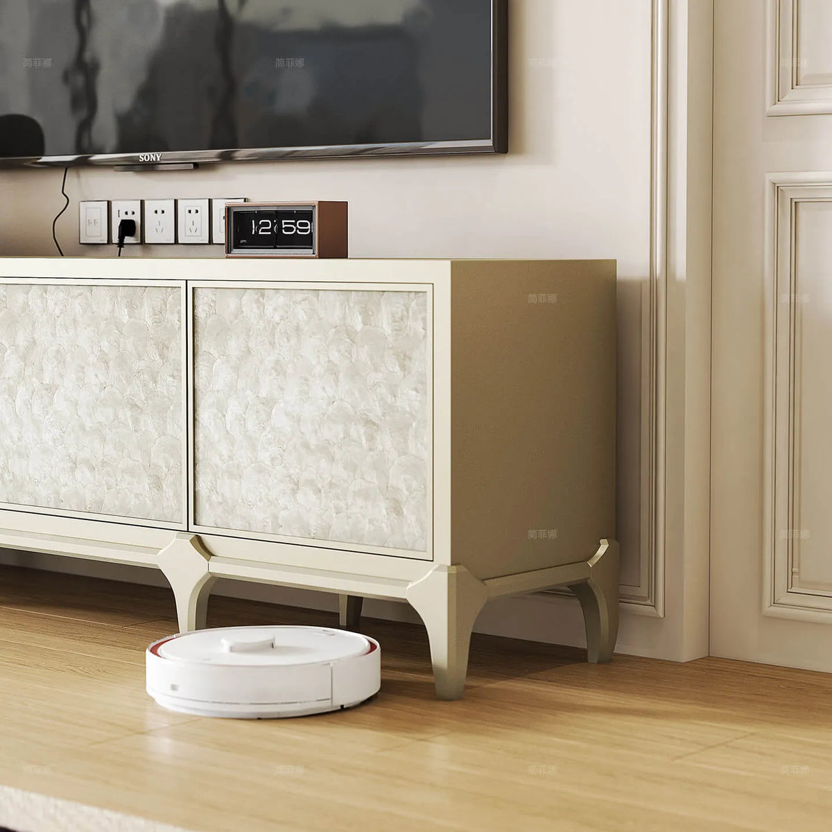 Mother of Pearl Beech Wood TV Console with French Lines and Mixed Storage