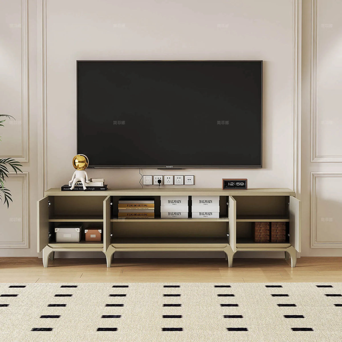 Mother of Pearl Beech Wood TV Console with French Lines and Mixed Storage