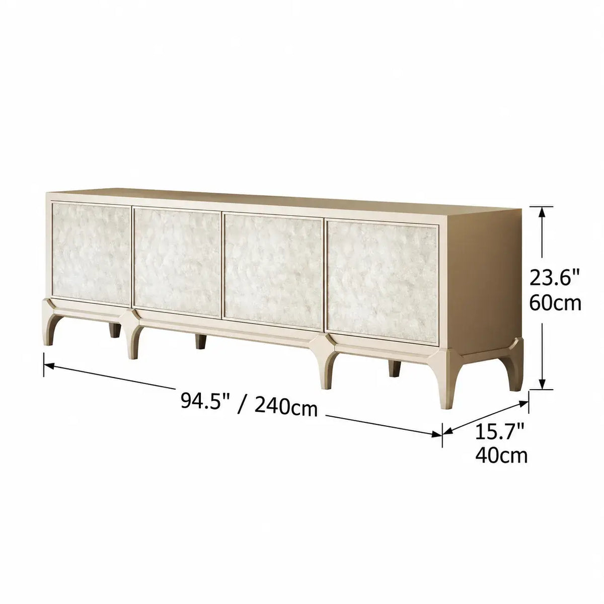 Mother of Pearl Beech Wood TV Console with French Lines and Mixed Storage Dimensions