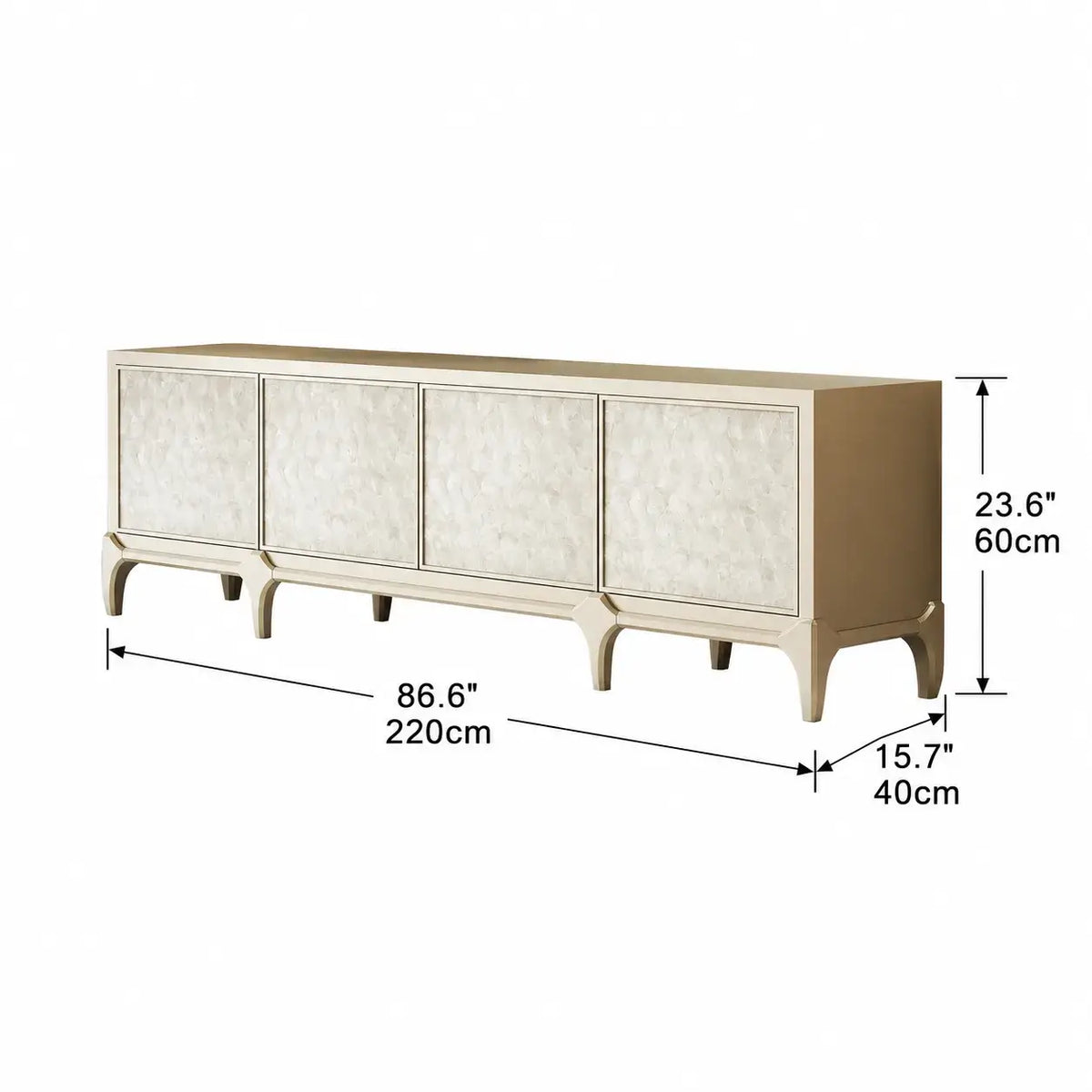Mother of Pearl Beech Wood TV Console with French Lines and Mixed Storage Dimensions