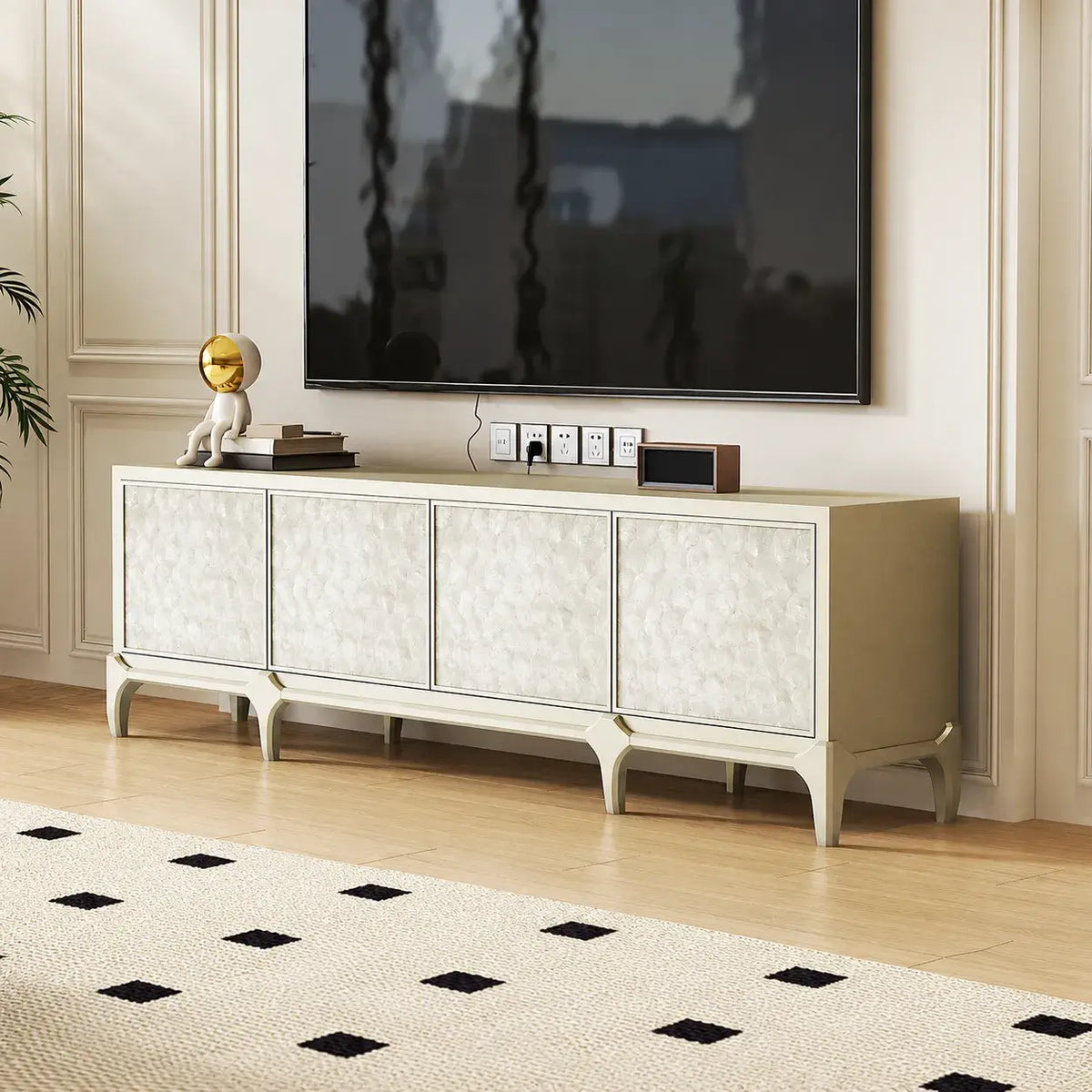 Mother of Pearl Beech Wood TV Console with French Lines and Mixed Storage Main Product Image