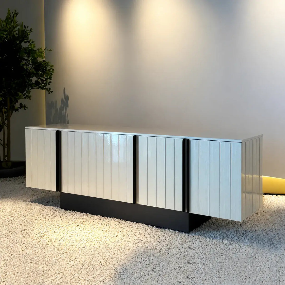 Mother of Pearl Cabinet With Sculpted Doors and Layered Storage
