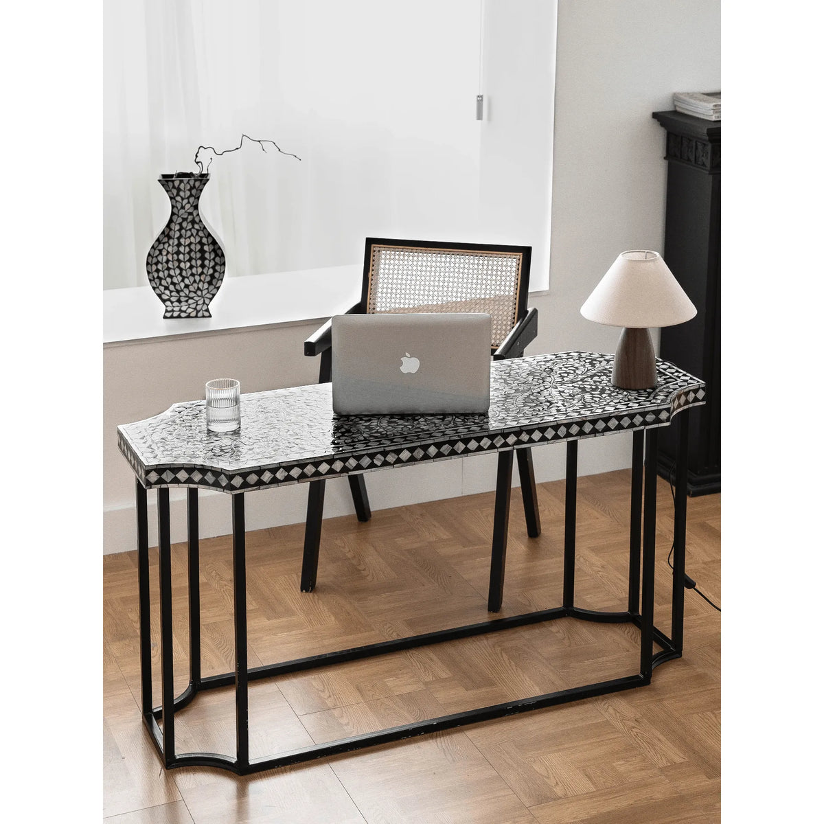 Mother of Pearl Console Table with Hand-Inlaid Floral Marquetry