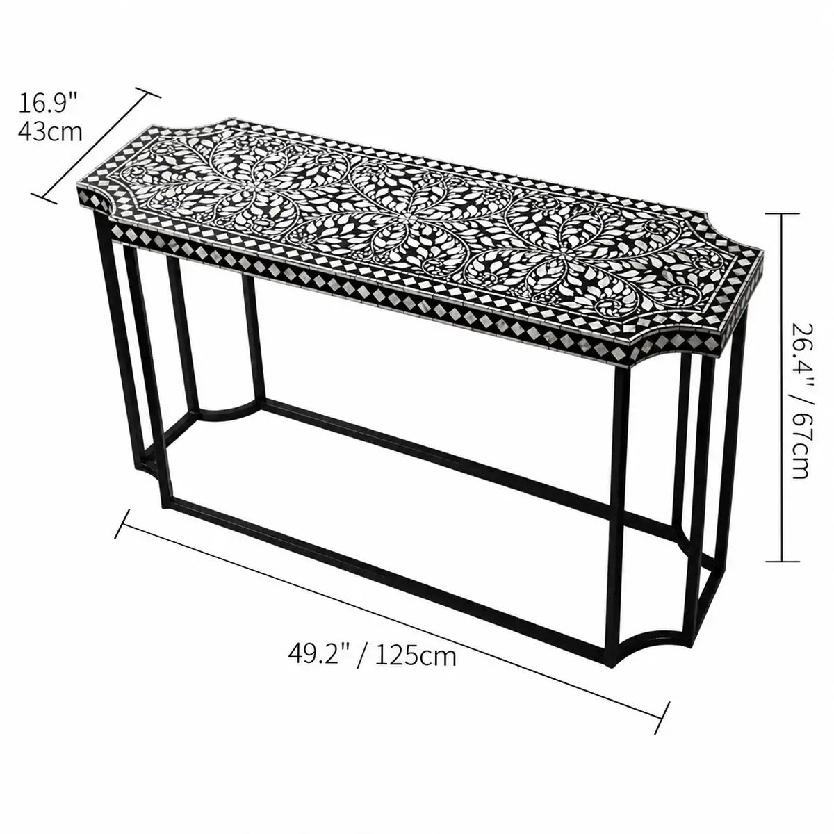 Mother of Pearl Console Table with Hand-Inlaid Floral Marquetry Dimensions