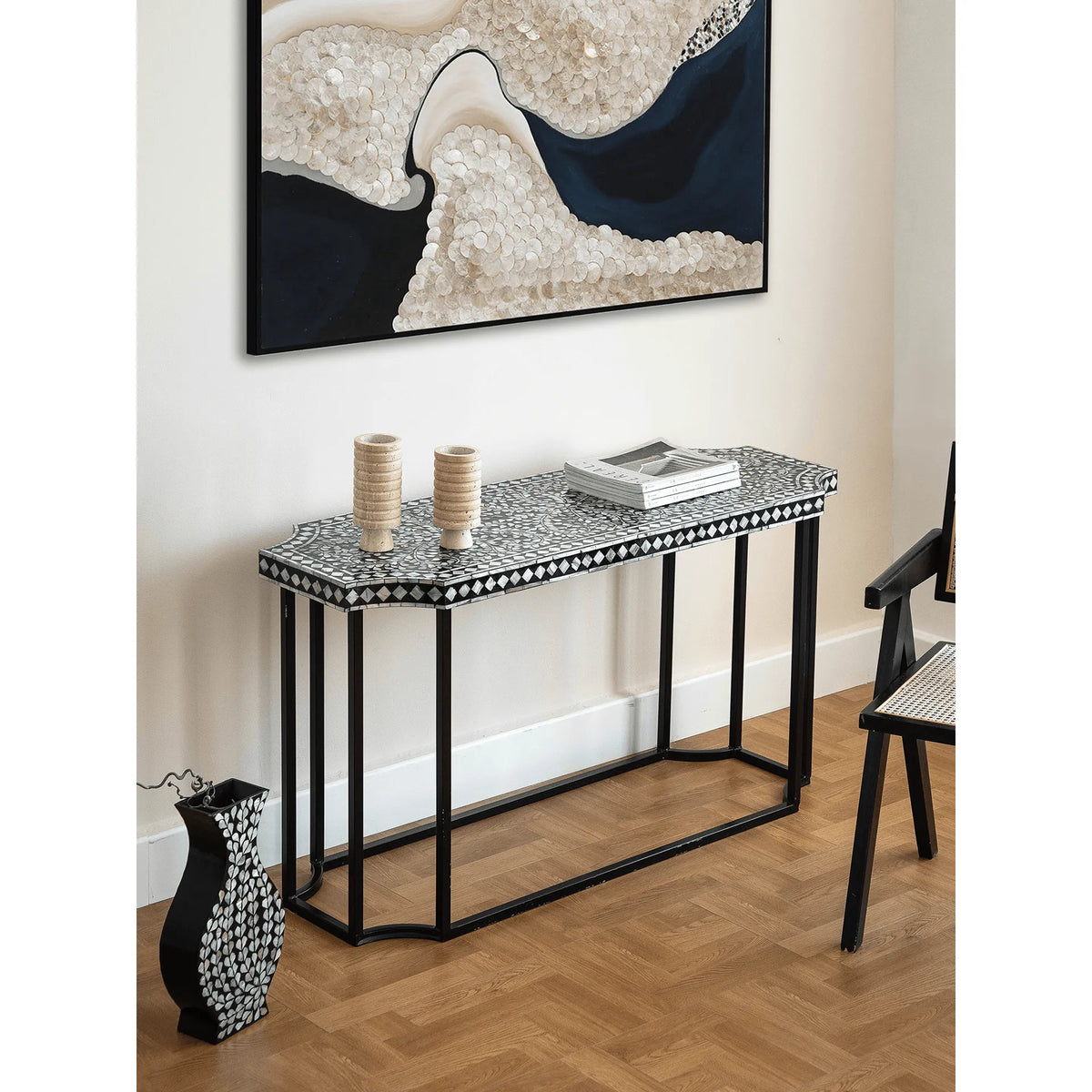 Mother of Pearl Console Table with Hand-Inlaid Floral Marquetry Main Product Image