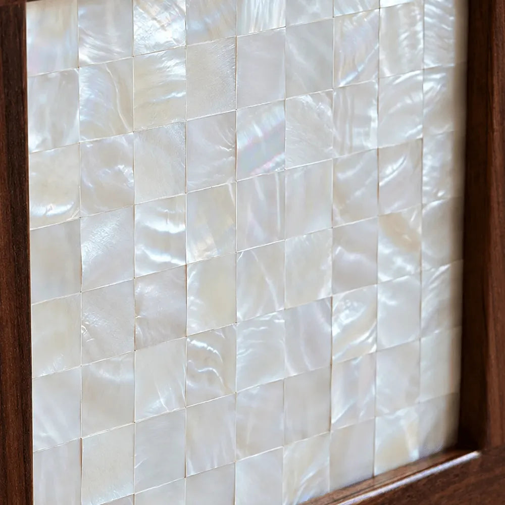Mother of Pearl Geometric Walnut Shoe Rack With Drawers and Display Top