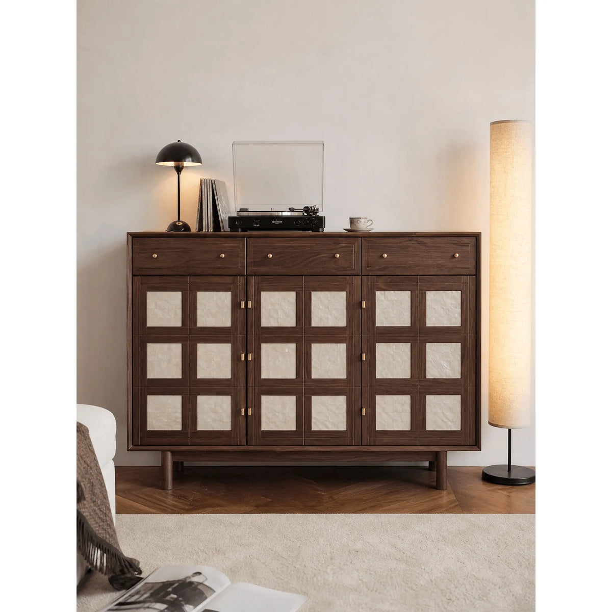 Mother of Pearl Geometric Walnut Shoe Rack With Drawers and Display Top