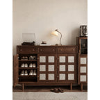 Mother of Pearl Geometric Walnut Shoe Rack With Drawers and Display Top