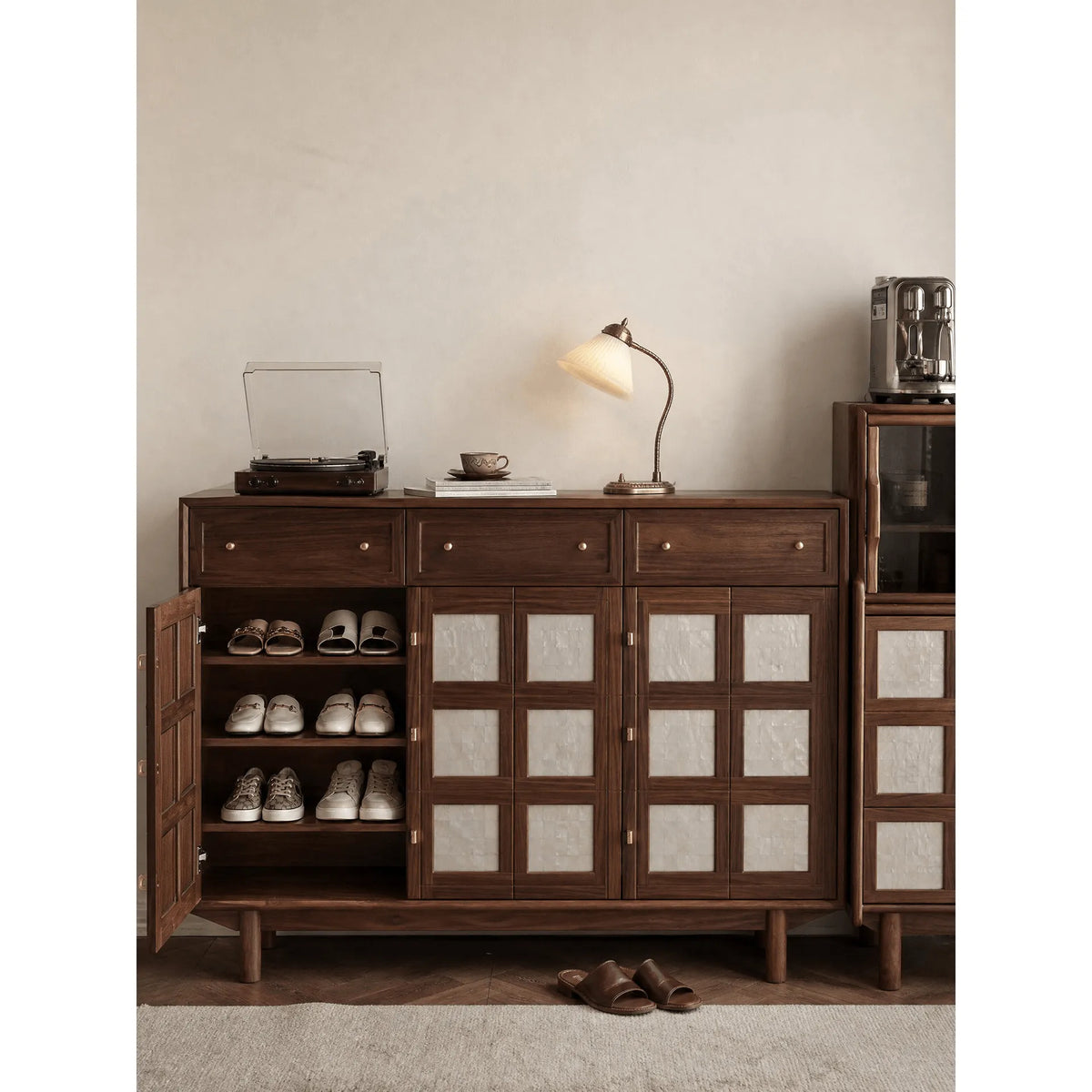 Mother of Pearl Geometric Walnut Shoe Rack With Drawers and Display Top
