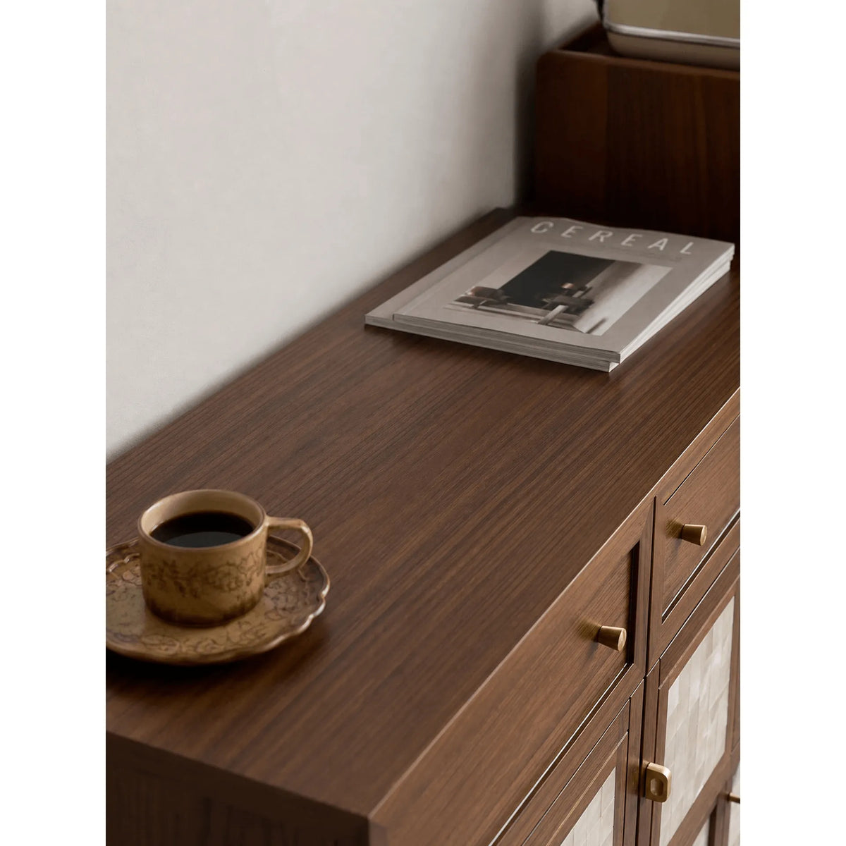 Mother of Pearl Geometric Walnut Shoe Rack With Drawers and Display Top