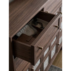 Mother of Pearl Geometric Walnut Shoe Rack With Drawers and Display Top