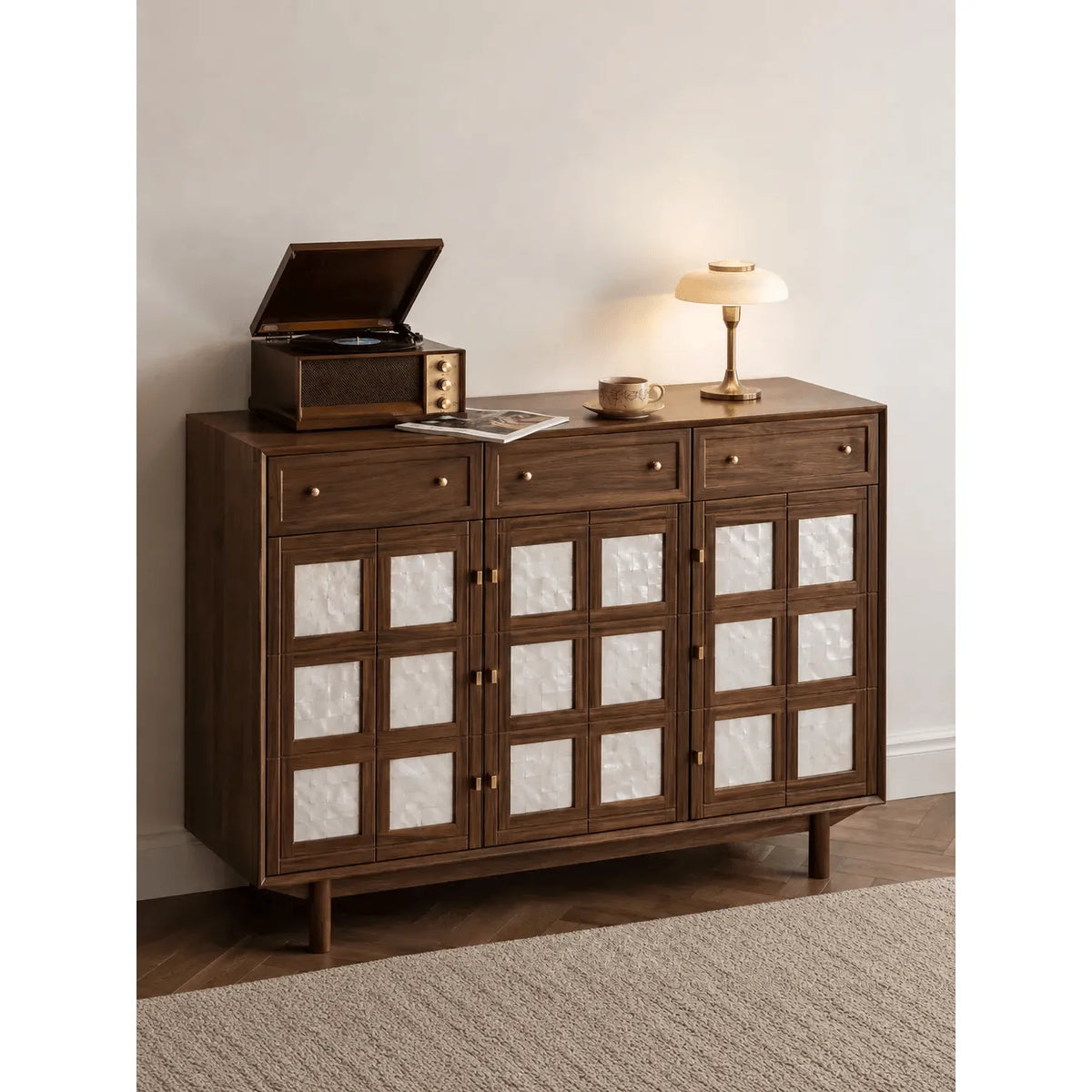 Mother of Pearl Geometric Walnut Shoe Rack With Drawers and Display Top Main Product Image