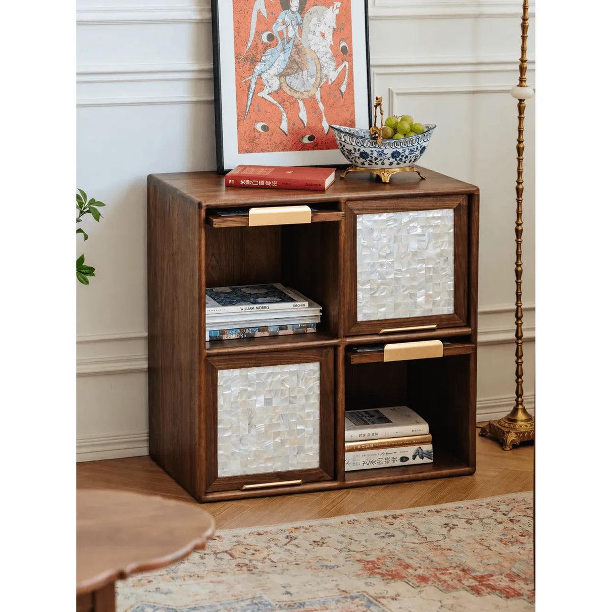 Mother of Pearl Inlay Walnut Modular Bookcase and Display Cabinet