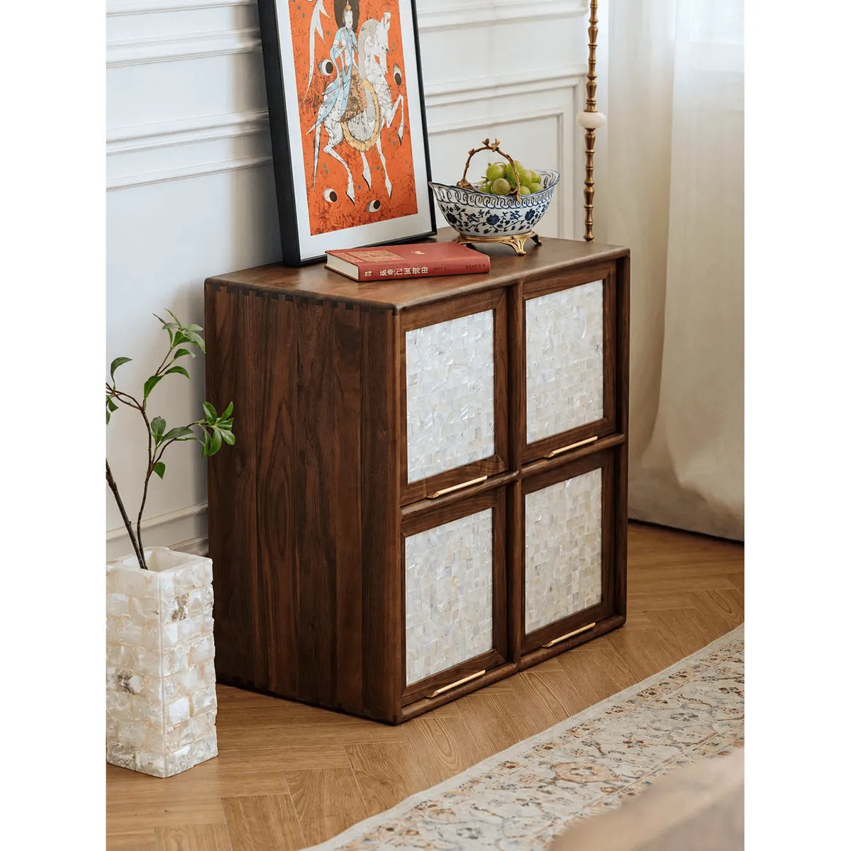 Mother of Pearl Inlay Walnut Modular Bookcase and Display Cabinet