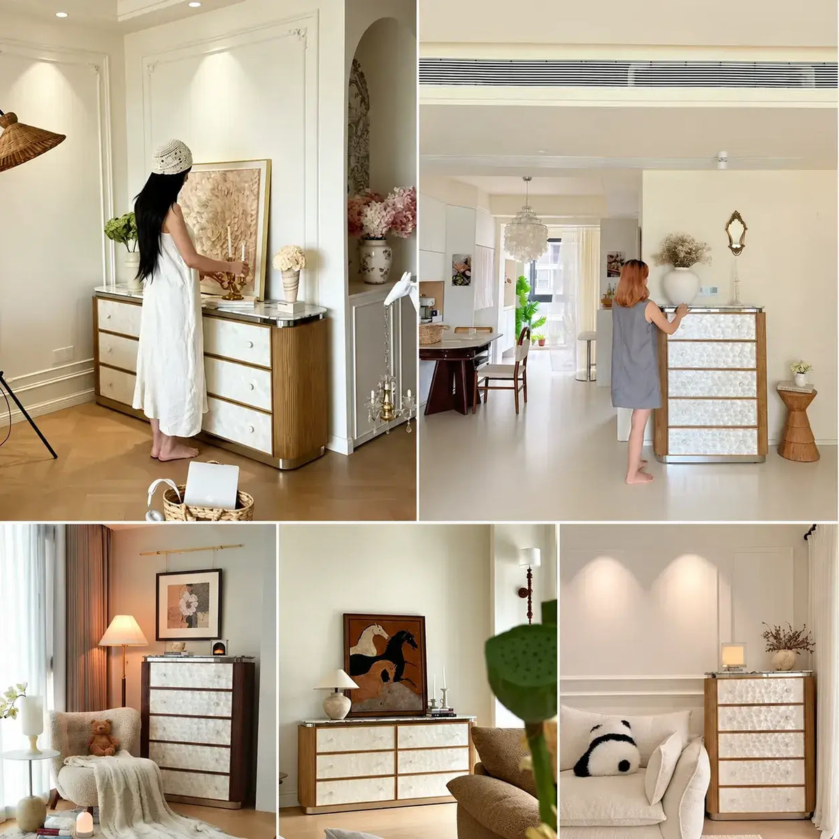Mother of Pearl Oak Chest Series With Marble Top and Layered Storage