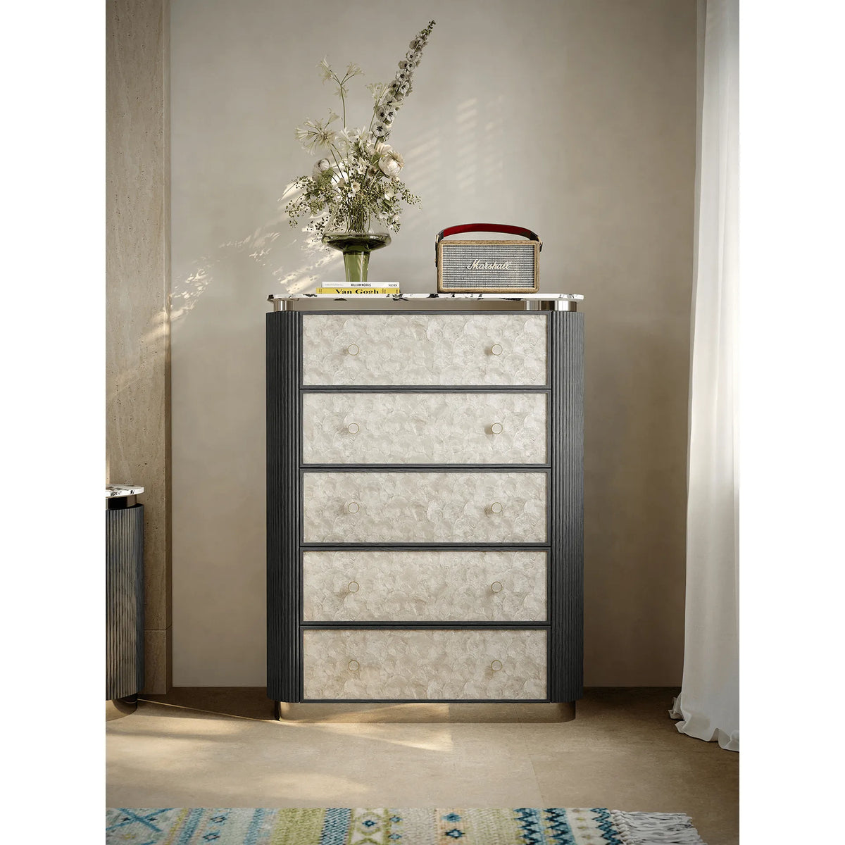 Mother of Pearl Oak Chest Series With Marble Top and Layered Storage