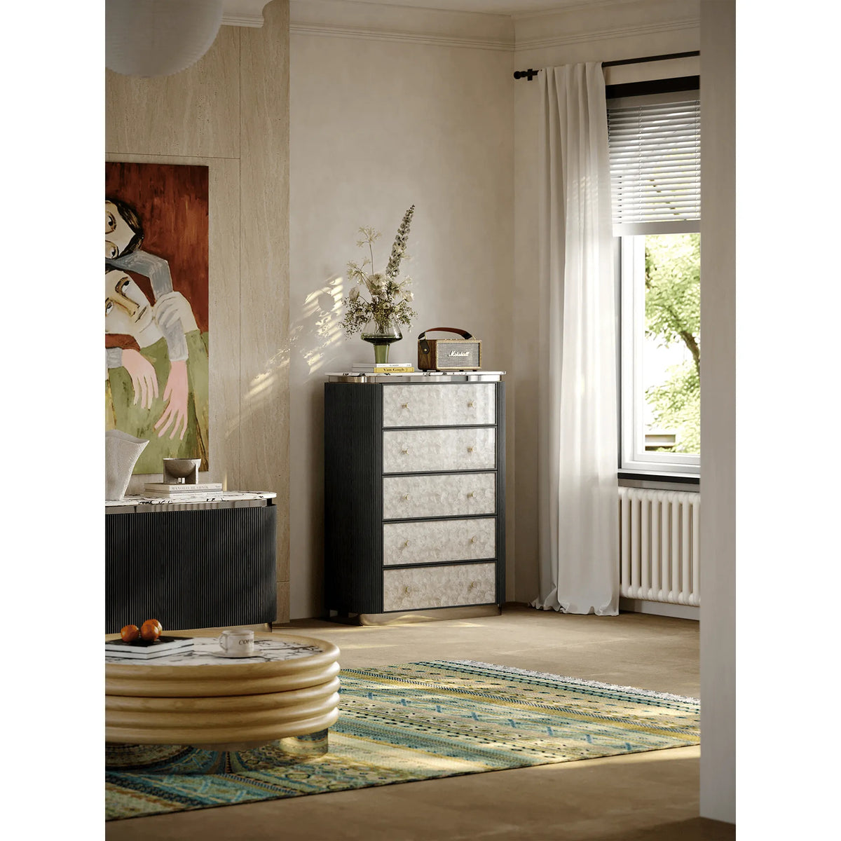 Mother of Pearl Oak Chest Series With Marble Top and Layered Storage