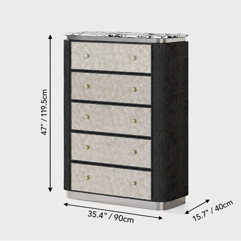 Mother of Pearl Oak Chest Series With Marble Top and Layered Storage Dimensions