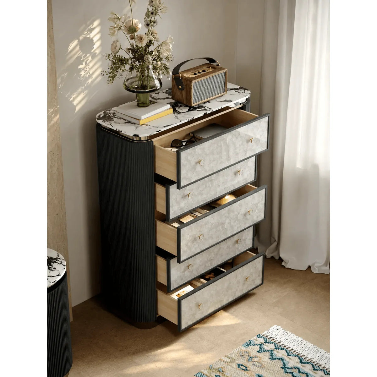 Mother of Pearl Oak Chest Series With Marble Top and Layered Storage Main Product Image