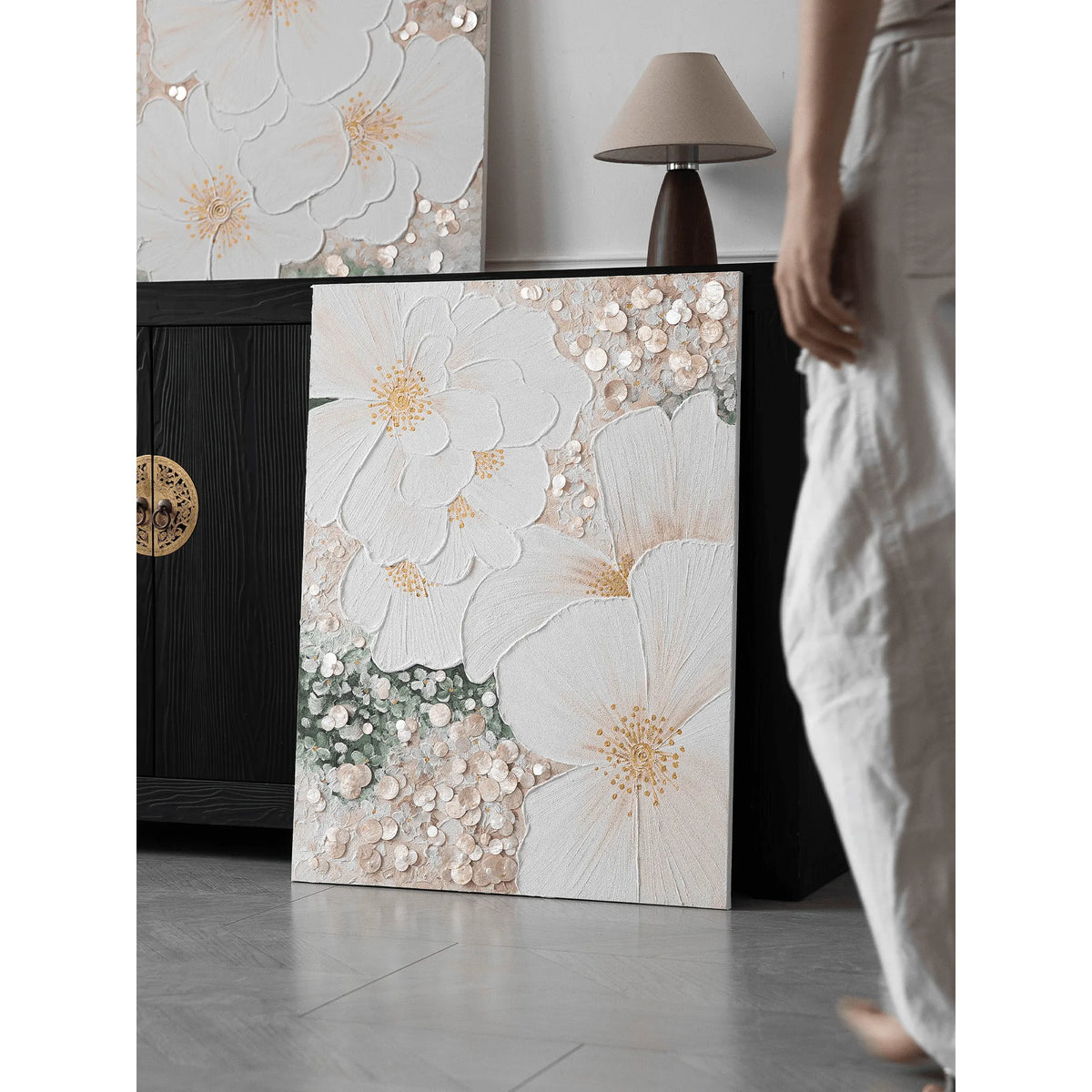 Mother of Pearl Wall Art Diptych, Relief Floral Panels in Soft Gold Haze