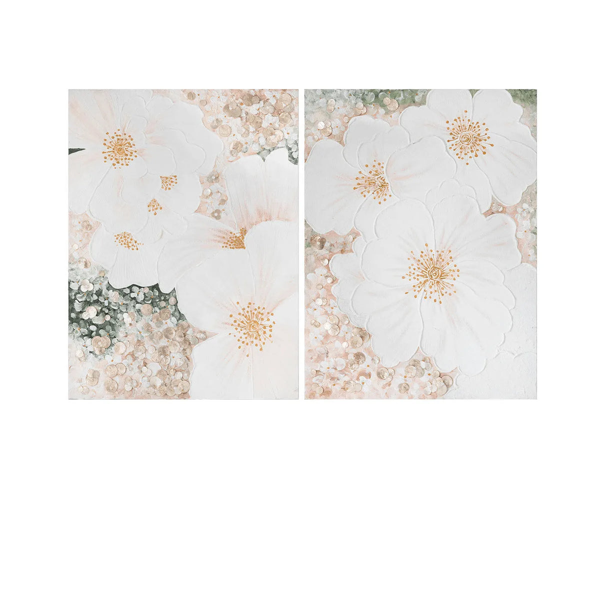 Mother of Pearl Wall Art Diptych, Relief Floral Panels in Soft Gold Haze