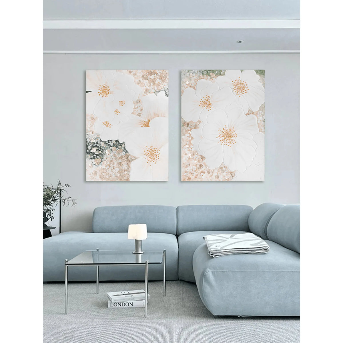 Mother of Pearl Wall Art Diptych, Relief Floral Panels in Soft Gold Haze