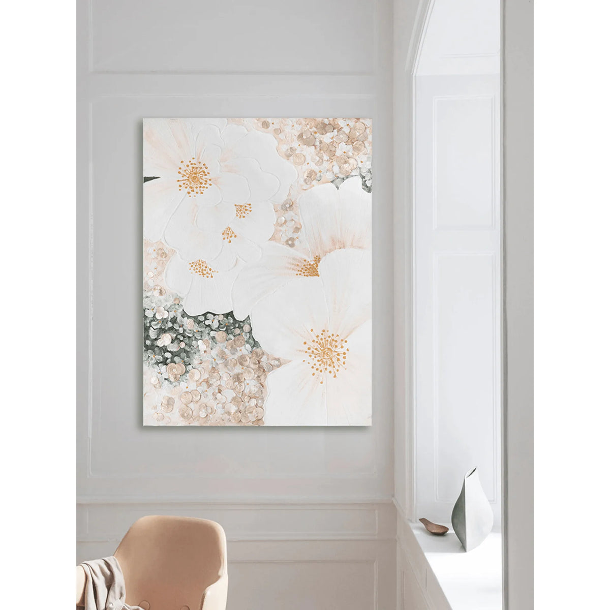 Mother of Pearl Wall Art Diptych, Relief Floral Panels in Soft Gold Haze