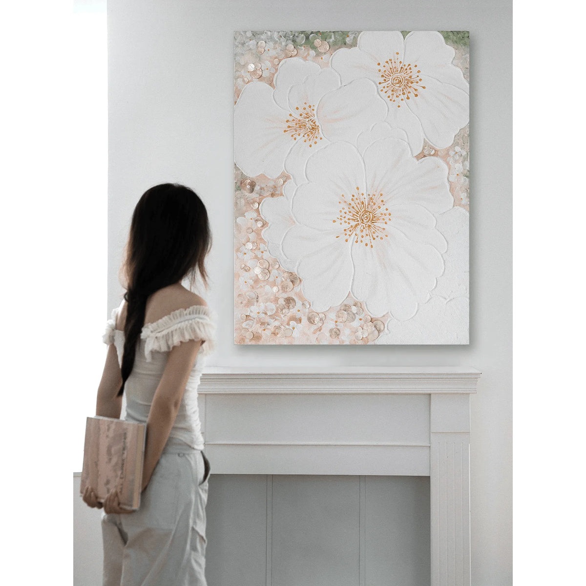 Mother of Pearl Wall Art Diptych, Relief Floral Panels in Soft Gold Haze Main Product Image