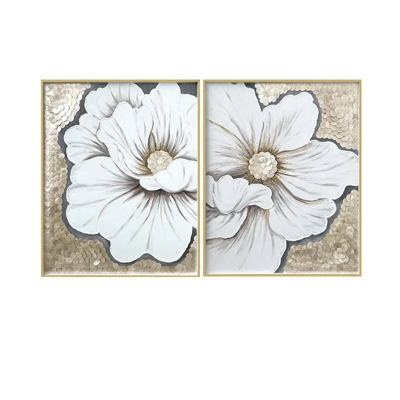 Mother of Pearl Wall Art Diptych, Sculpted Floral Panels in Soft Gold