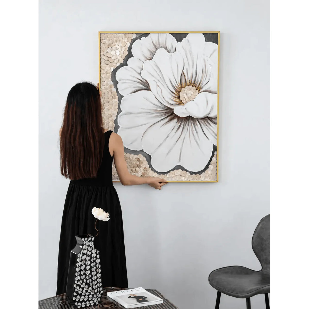 Mother of Pearl Wall Art Diptych, Sculpted Floral Panels in Soft Gold