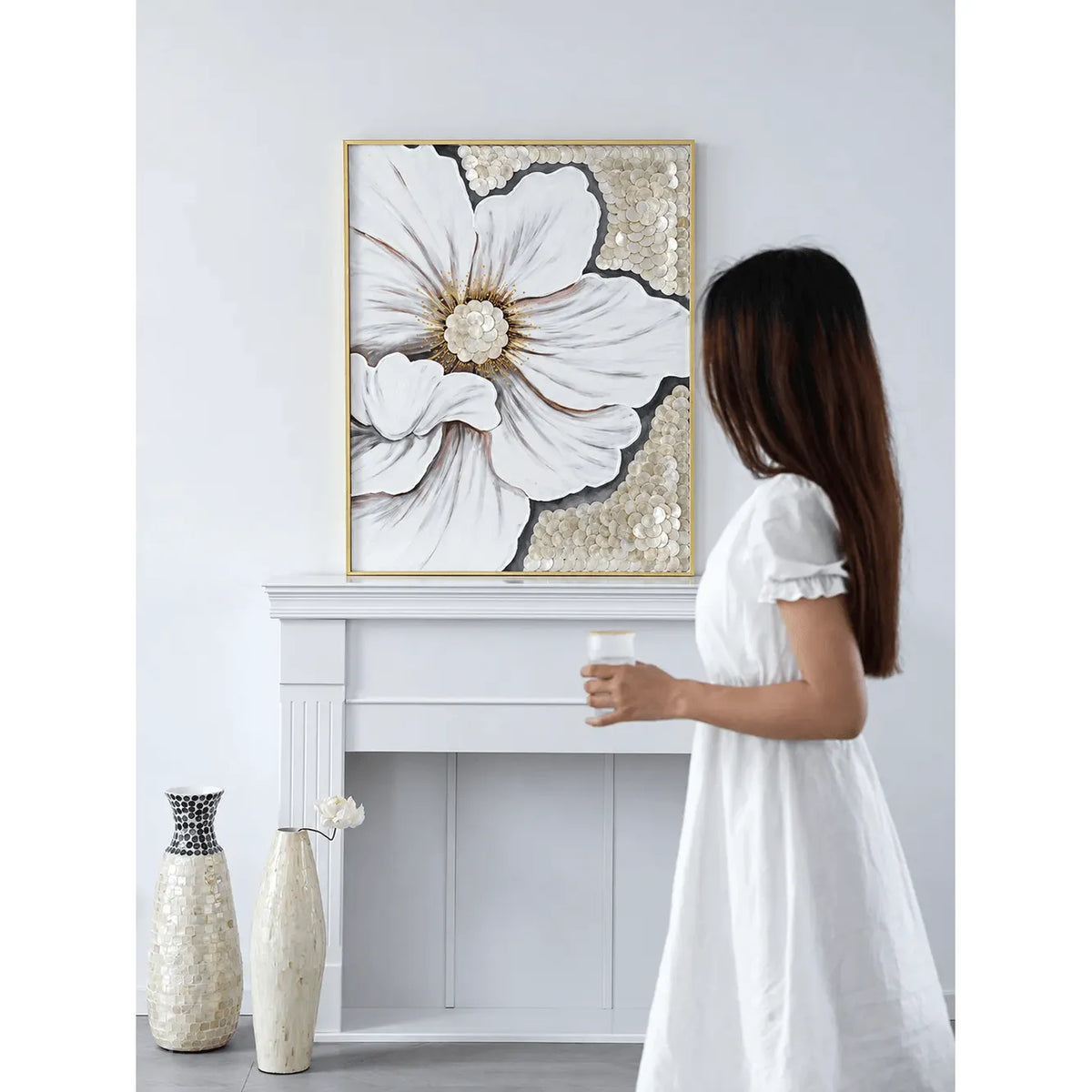 Mother of Pearl Wall Art Diptych, Sculpted Floral Panels in Soft Gold