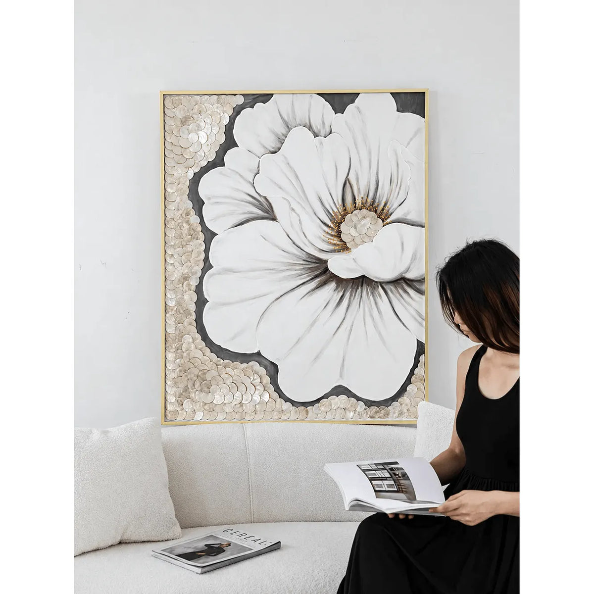 Mother of Pearl Wall Art Diptych, Sculpted Floral Panels in Soft Gold Main Product Image