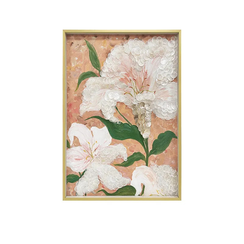 Mother of Pearl Wall Art Floral Triptych, Textured Handcrafted Gold Frame Series