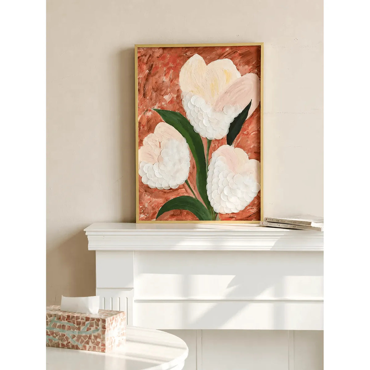Mother of Pearl Wall Art Floral Triptych, Textured Handcrafted Gold Frame Series Main Product Image Main image